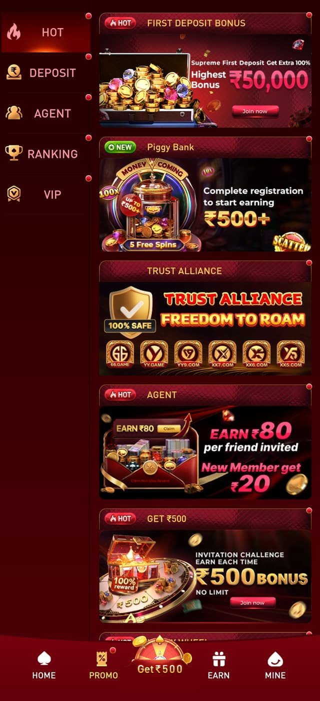 YY Game app screenshot — promotions page listing the first-deposit bonus, Piggy Bank, agent rewards and ₹500 offers