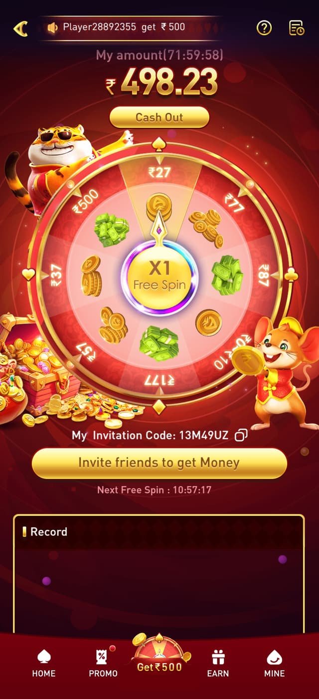 YY Game app screenshot — lucky spin wheel with a free spin, live cash-out balance and personal invitation code