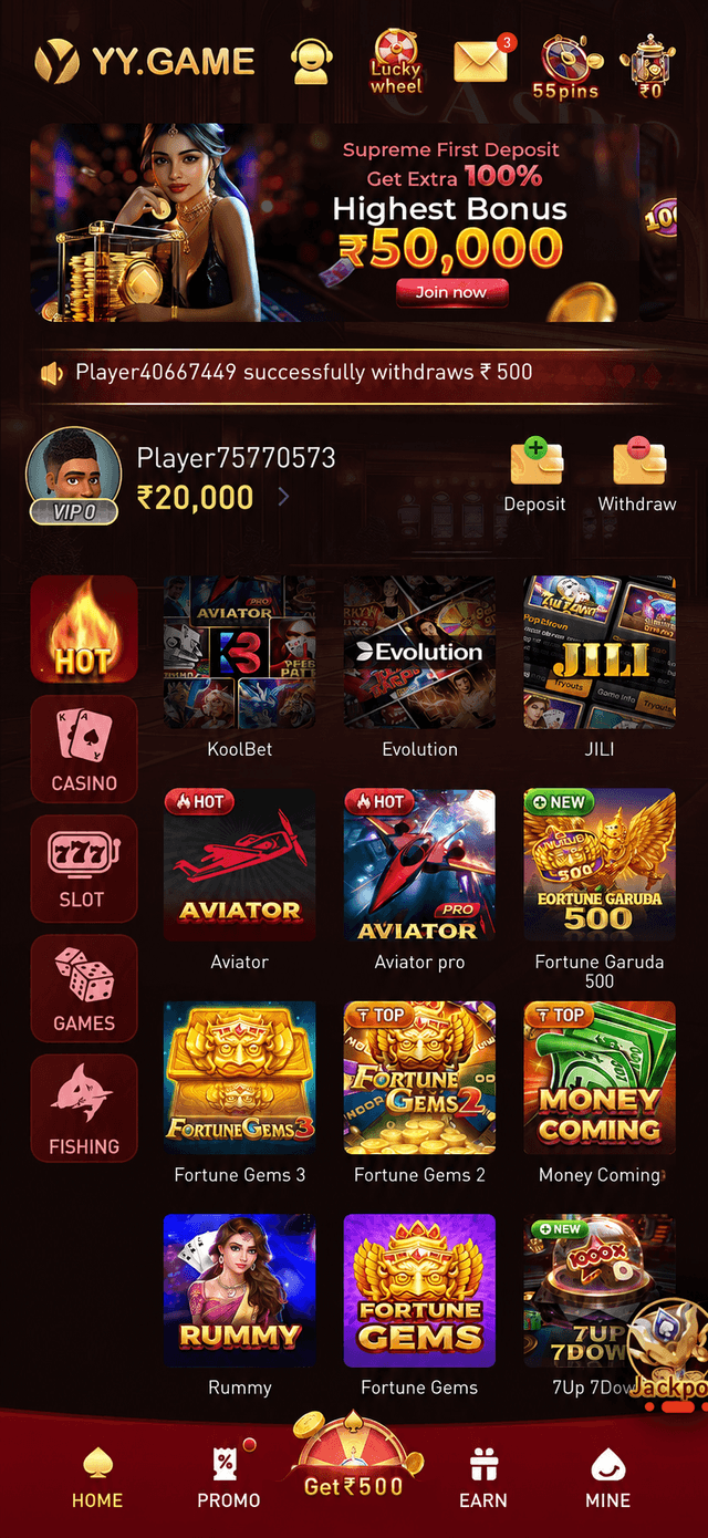 YY Game app screenshot — app home screen with the deposit bonus banner, category rail and featured game grid